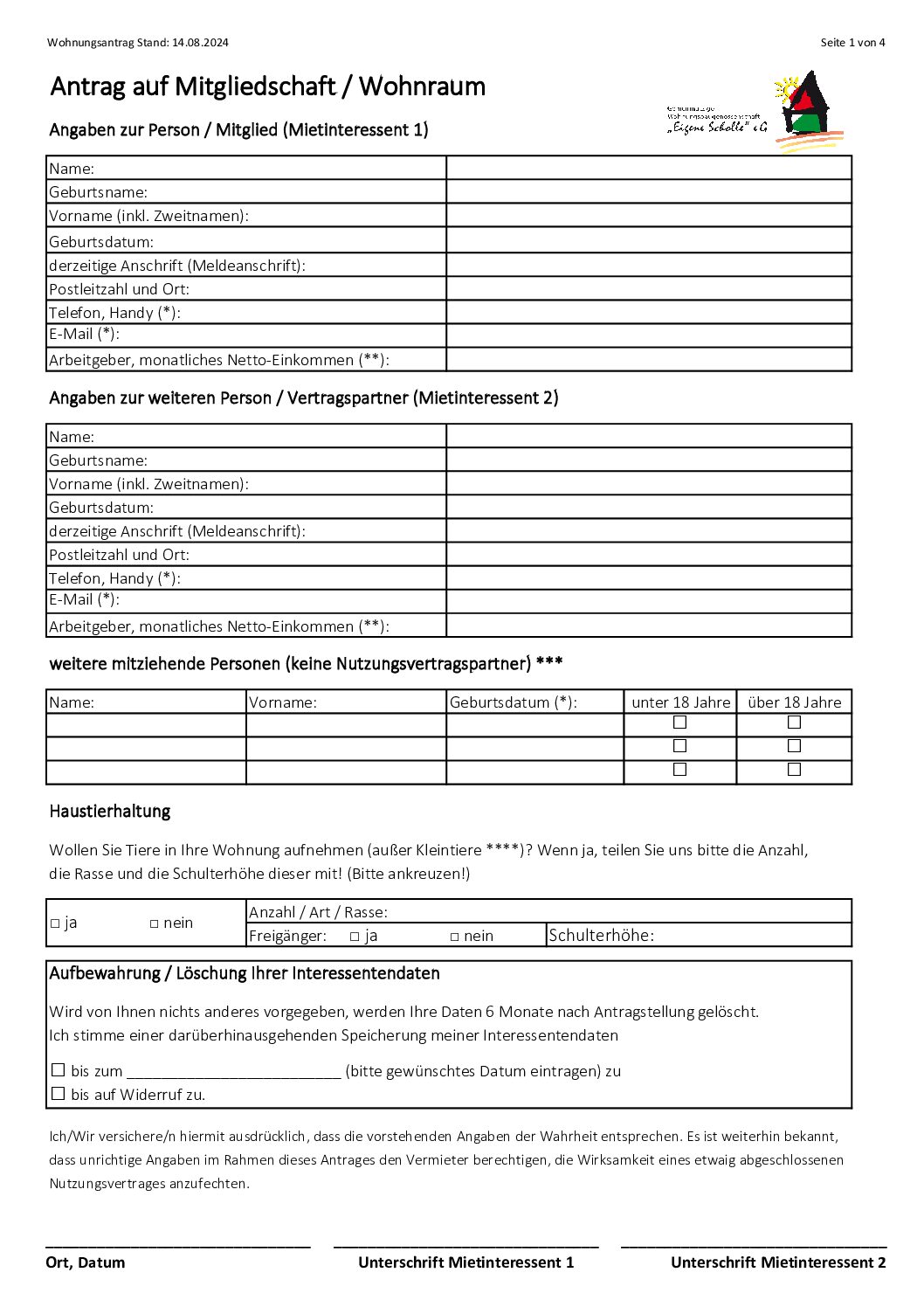 Antrag auf Mitgliedschaft bzw. Wohnraum
