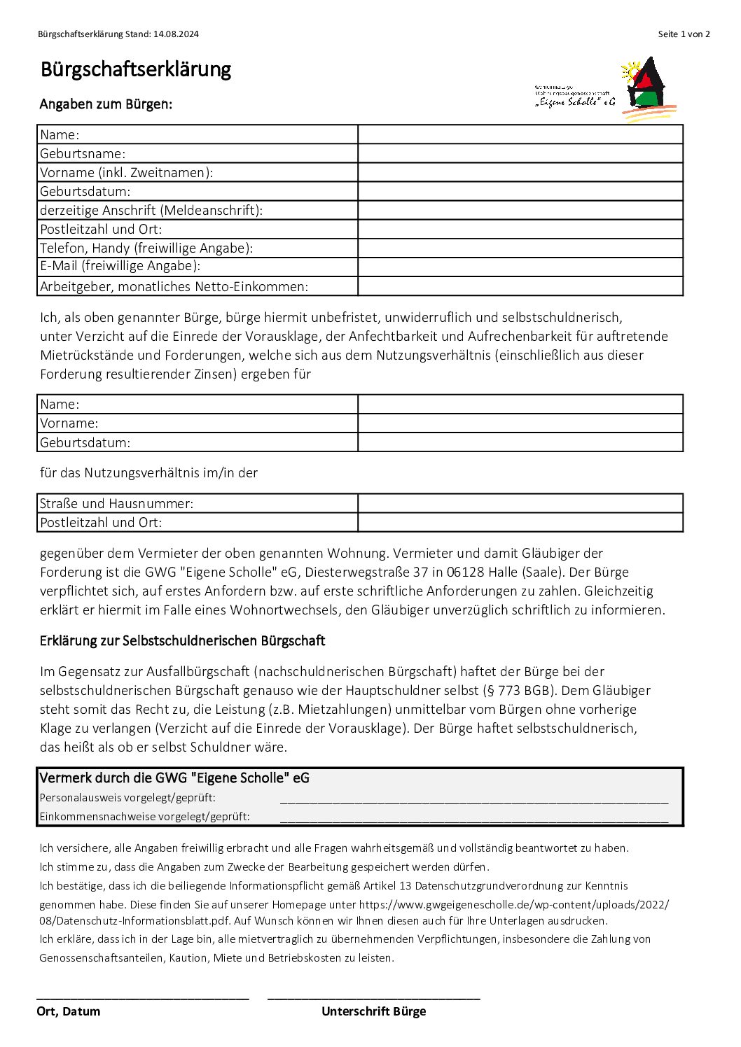 Bürgschaftserklärung