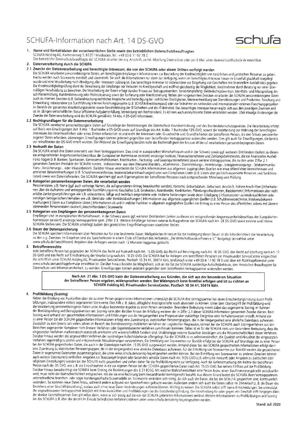 SCHUFA-Informationsblatt