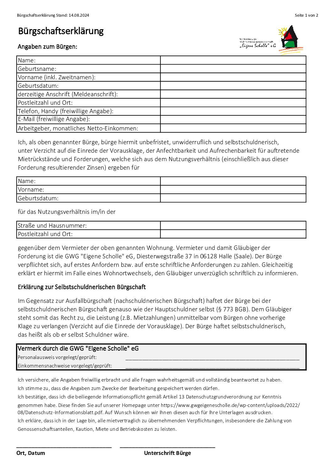 Bürgschaftserklärung