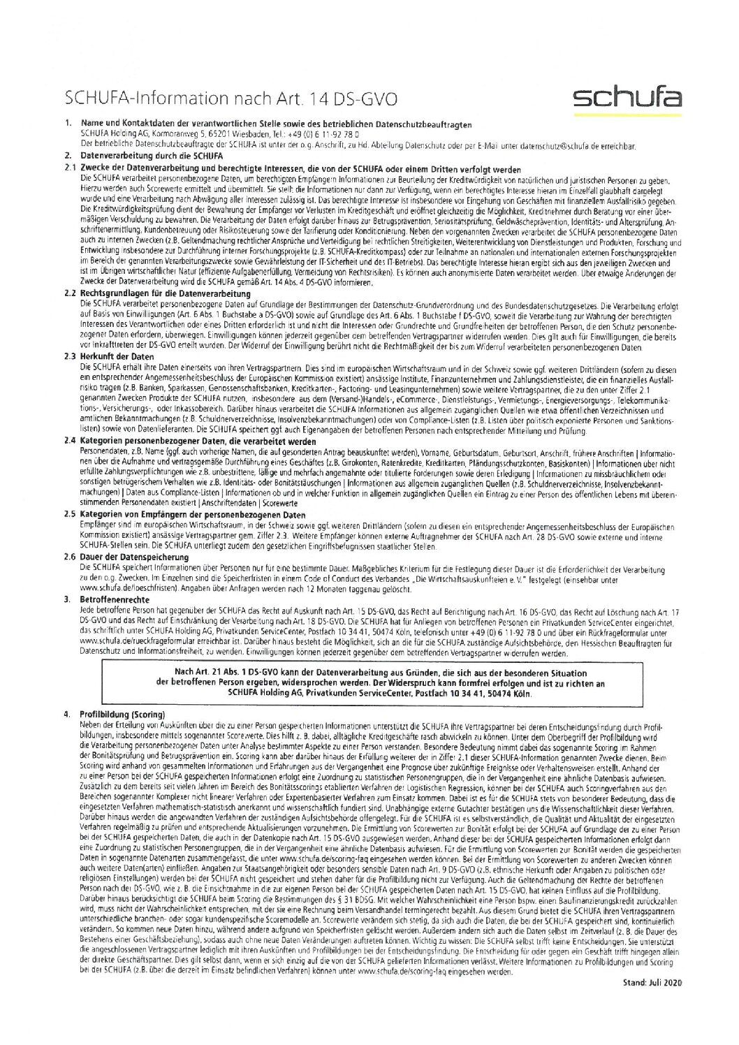 SCHUFA-Informationsblatt