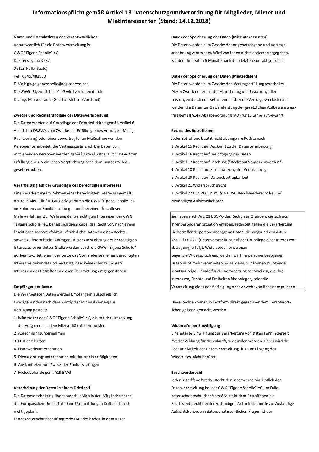 Datenschutz Informationsblatt